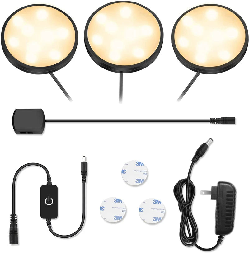 LightingWill LED Puck Cabinet Lights 3/6 Pack 12V Adapter, Touch Dimmable Under Cabinet Lights, Warm White / Daylight White, Black Finish, Adhesive Mount for Kitchen and Cabinets, US / UK Plug