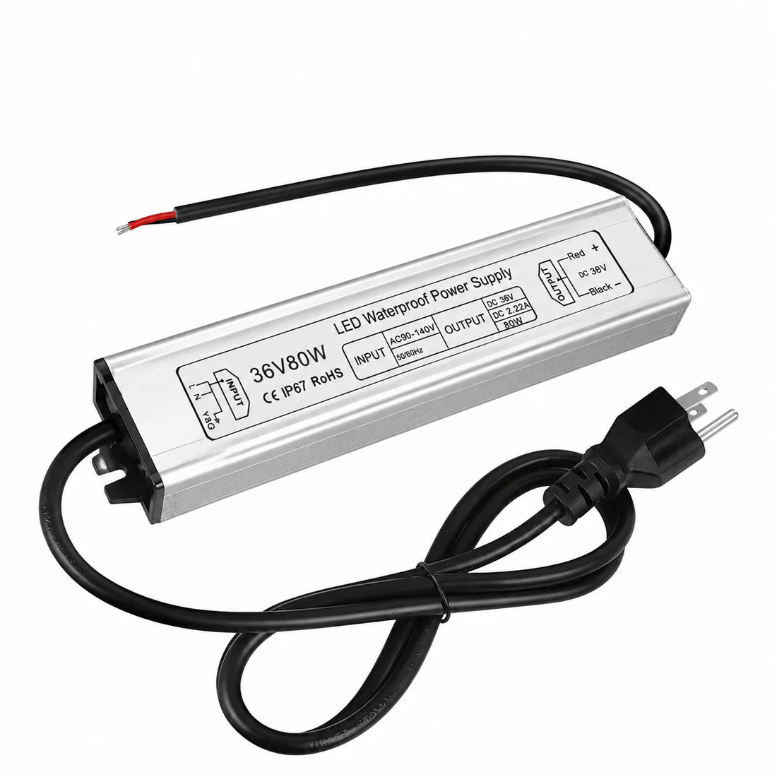 80W 12V/24V/36V/48V Waterproof LED Power Supply, 90-265V Input, Single Output, Aluminum Housing, Outdoor LED Lighting Driver, CE/RoHS/FCC Certified, US/UK/EU Plug