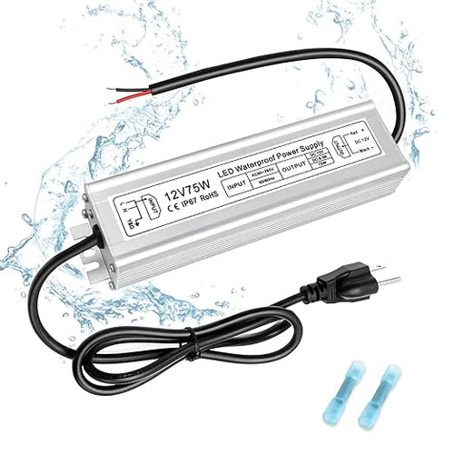 75W 12V Waterproof LED Power Supply, 90-265V Input, Single Output, Aluminum Housing, Outdoor LED Lighting Driver, CE/RoHS/FCC Certified, US/UK/EU Plug