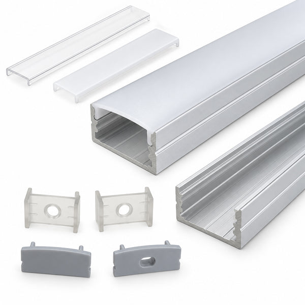 Silver U04 10x23mm U-Shape LED Aluminum Channel, 20mm Inner Width, with Cover, End Caps & Mounting Clips