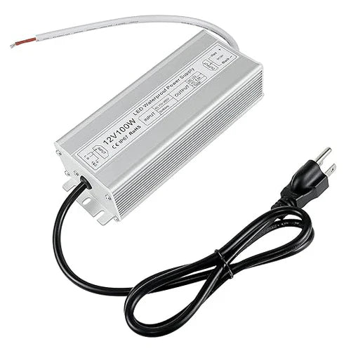 100W 12V/24V Waterproof LED Power Supply, 90-265V Input, Single Output, Aluminum Housing, Outdoor LED Lighting Driver, CE/RoHS/FCC Certified, US/UK/EU Plug