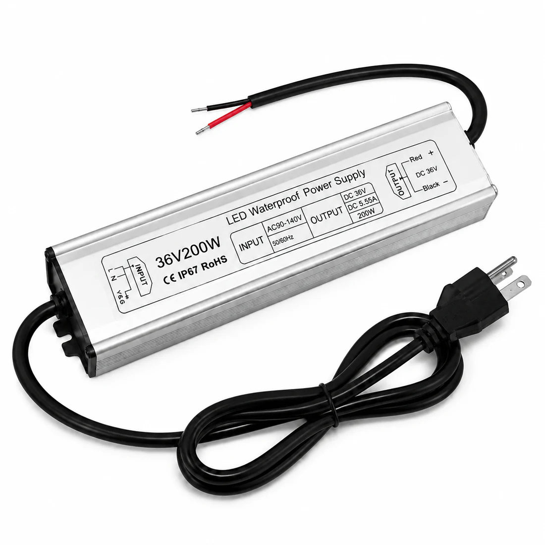 200W 12V/24V/36V/48V Waterproof LED Power Supply, 175-265V Input, Single/Dual Output, Aluminum Housing, Outdoor LED Lighting Driver, CE/RoHS/FCC Certified, UK/EU Plug