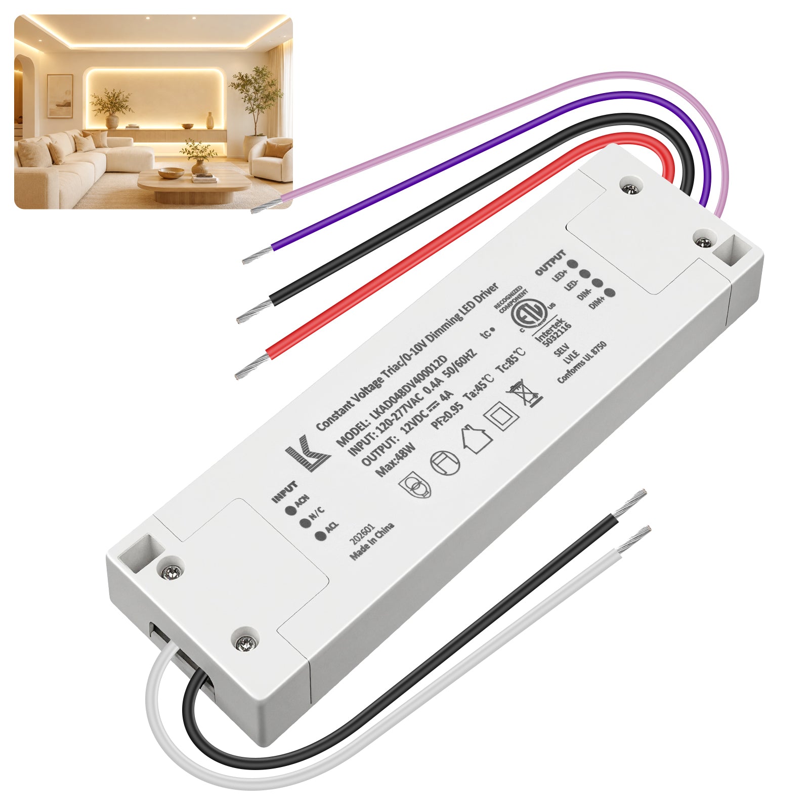 48W 12V DC Plastic Case Triac Dimmable LED Driver, ETL Listed, AC 120-277V Input, LED Driver for LED Strip Lighting / Under Cabinet Lighting / Home Ambient Lighting