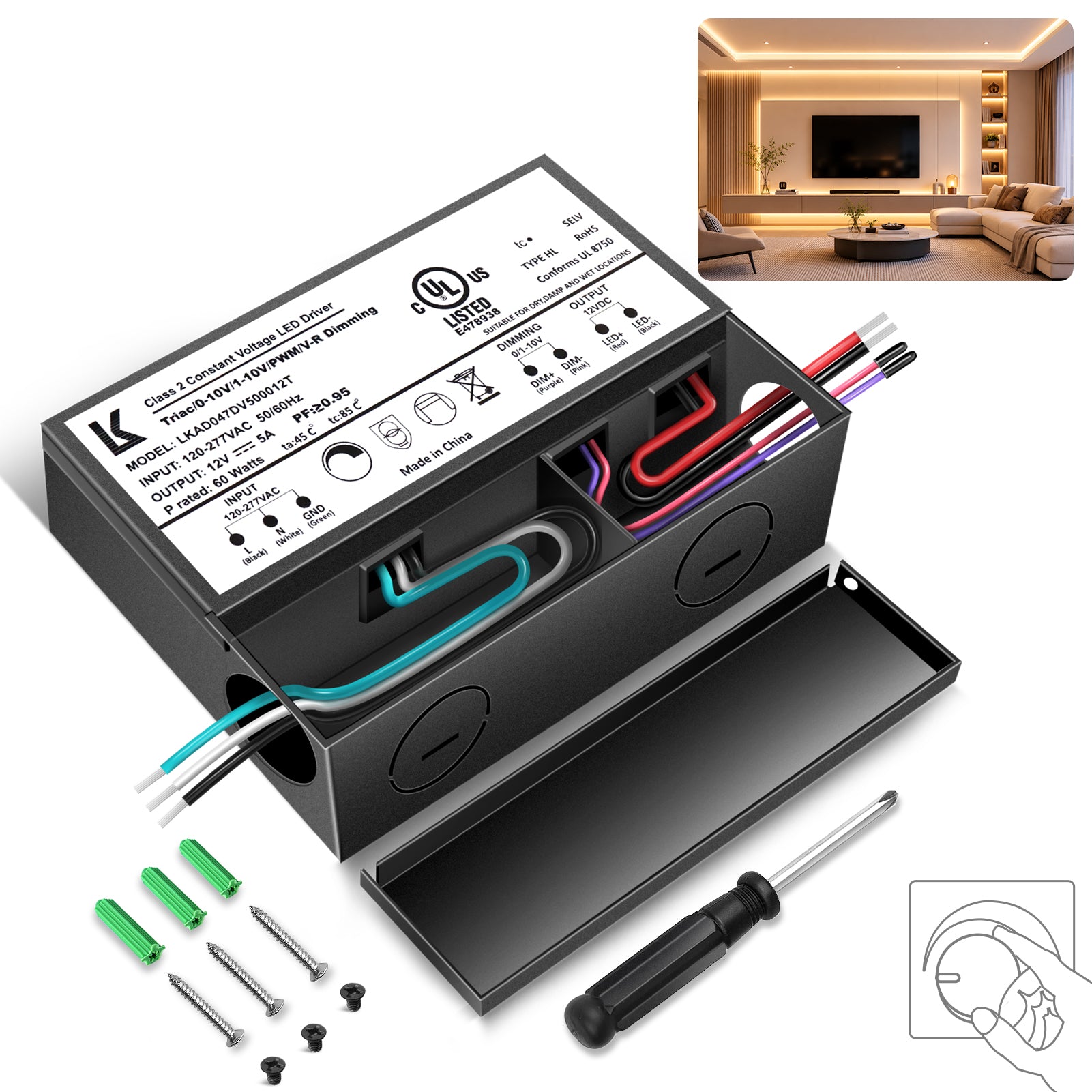 60W 12V DC Steel Case Triac Dimmable LED Driver, UL Listed, AC 120-277V Input, LED Driver for LED Strip Lighting / Under Cabinet Lighting / Home Ambient Lighting