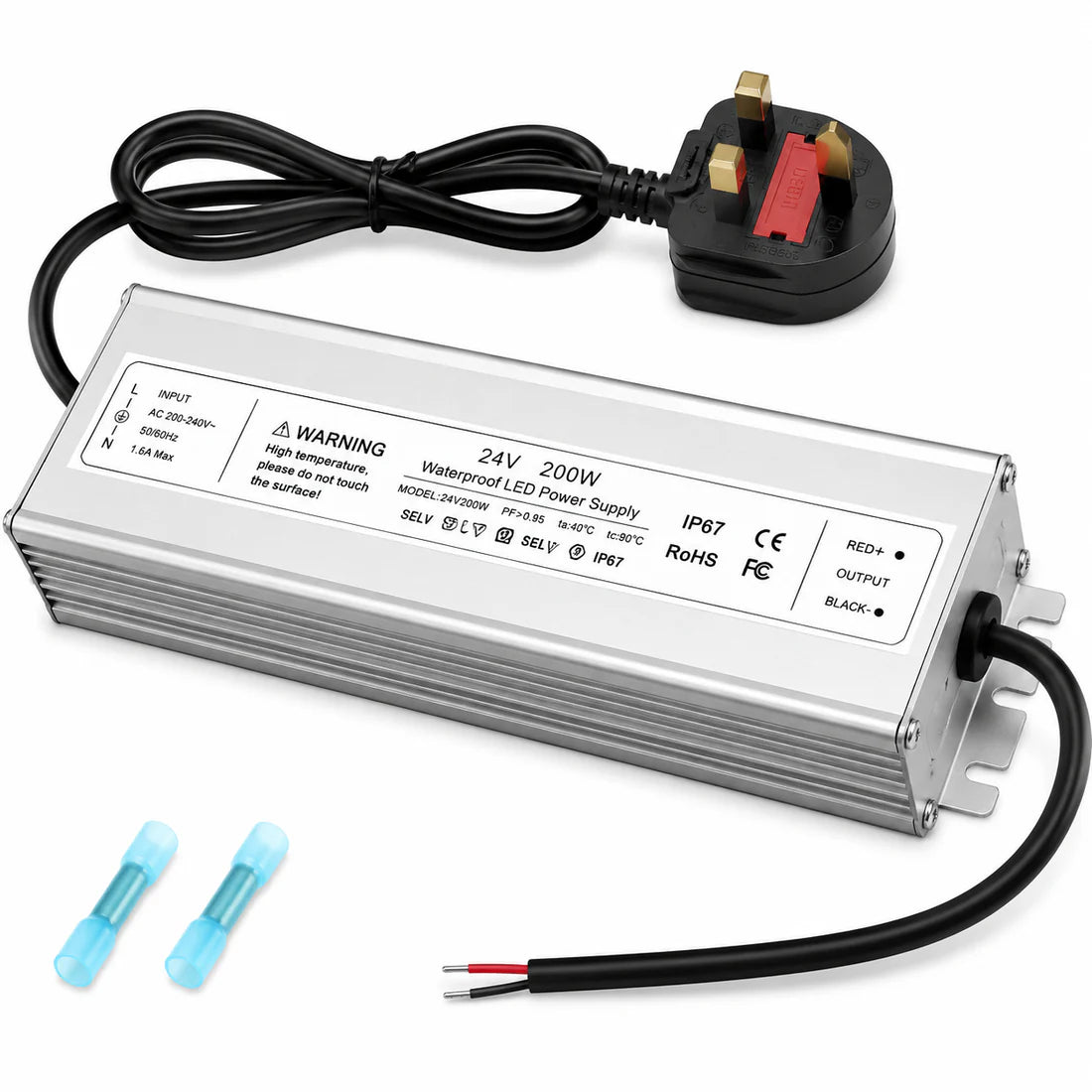 200W 12V/24V/36V/48V Waterproof LED Power Supply, 175-265V Input, Single/Dual Output, Aluminum Housing, Outdoor LED Lighting Driver, CE/RoHS/FCC Certified, UK/EU Plug