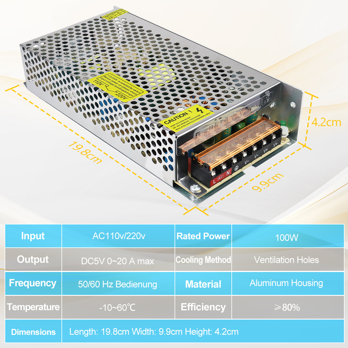 DC 5V LED Switching Power Supply 10W–100W, AC 110/220V Input, LED Light Driver Transformer, Durable Metal Housing with Screw Terminals, CE/FCC/RoHS Certified