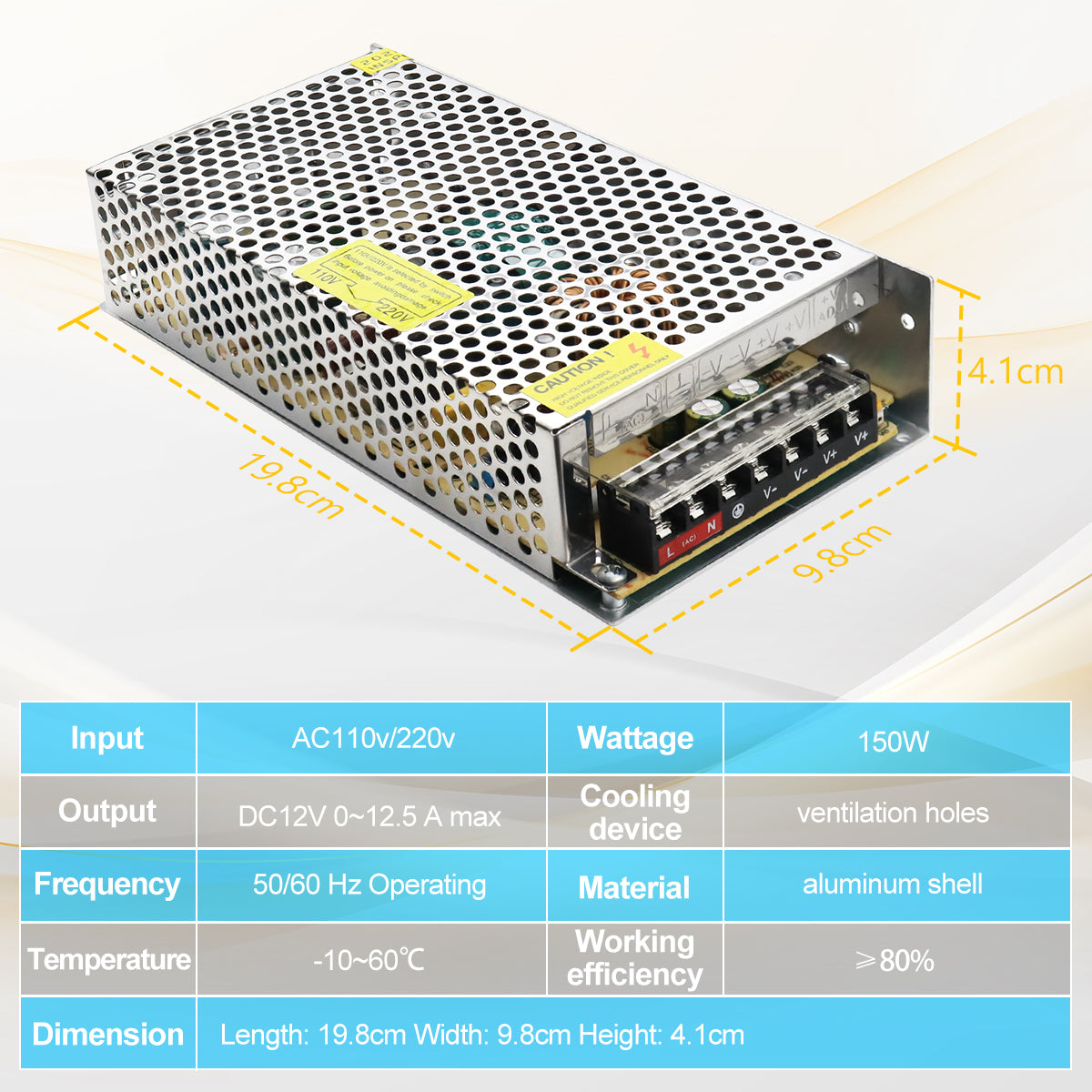 DC 12V LED Switching Power Supply 60W–240W, AC 110/220V Input, Constant Voltage LED Driver Transformer, Durable Metal Housing with Screw Terminals, CE/FCC/RoHS Certified