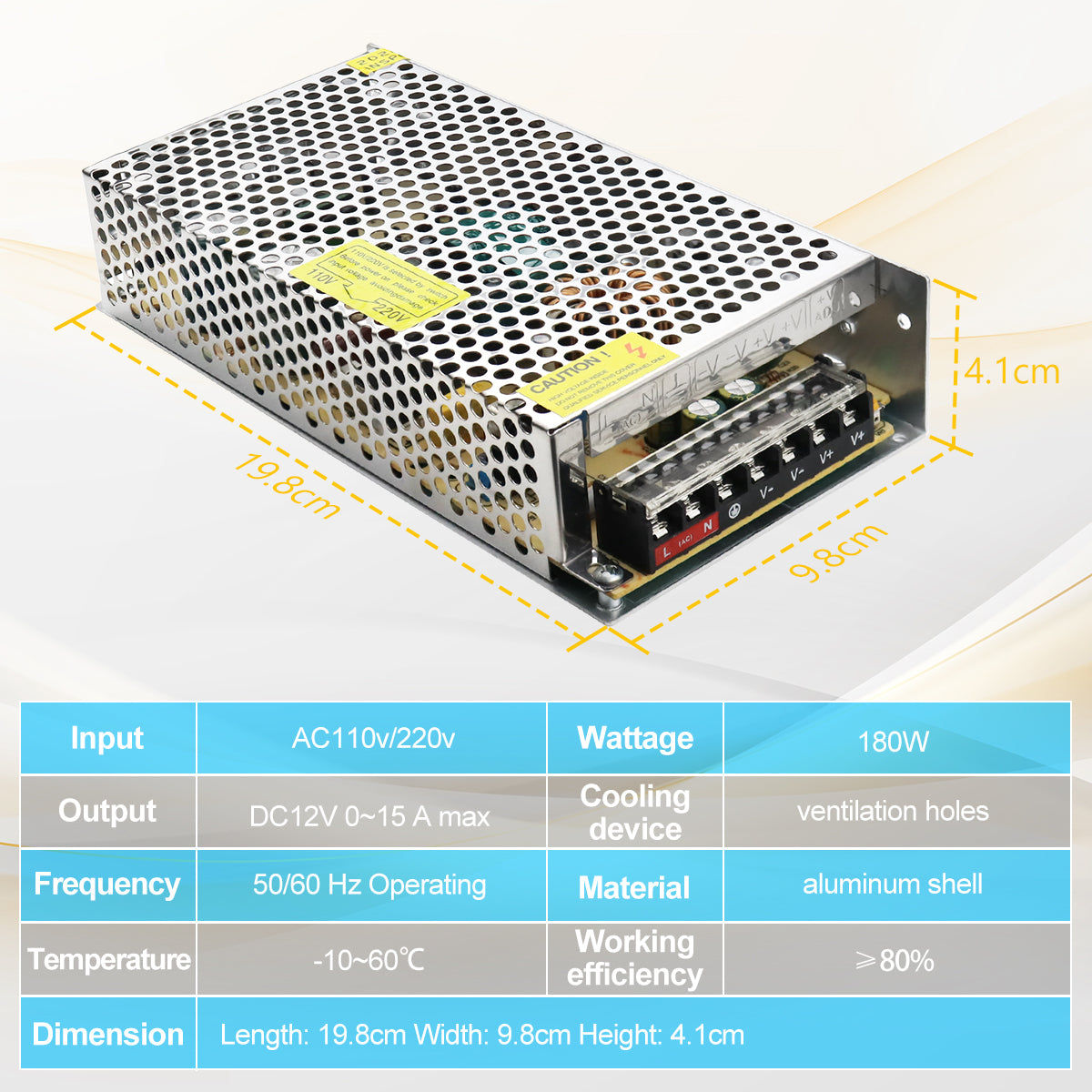 DC 12V LED Switching Power Supply 60W–240W, AC 110/220V Input, Constant Voltage LED Driver Transformer, Durable Metal Housing with Screw Terminals, CE/FCC/RoHS Certified