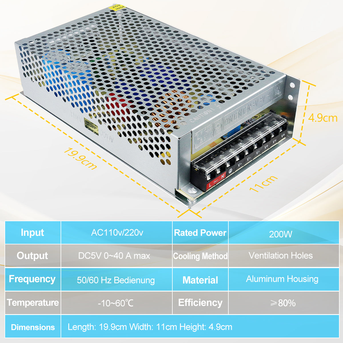 DC 5V LED Switching Power Supply 100W-300W, AC 110/220V Input, LED Strip Driver Transformer, Durable Metal Housing with Screw Terminals, CE/FCC/RoHS Certified (300W with Cooling Fan)