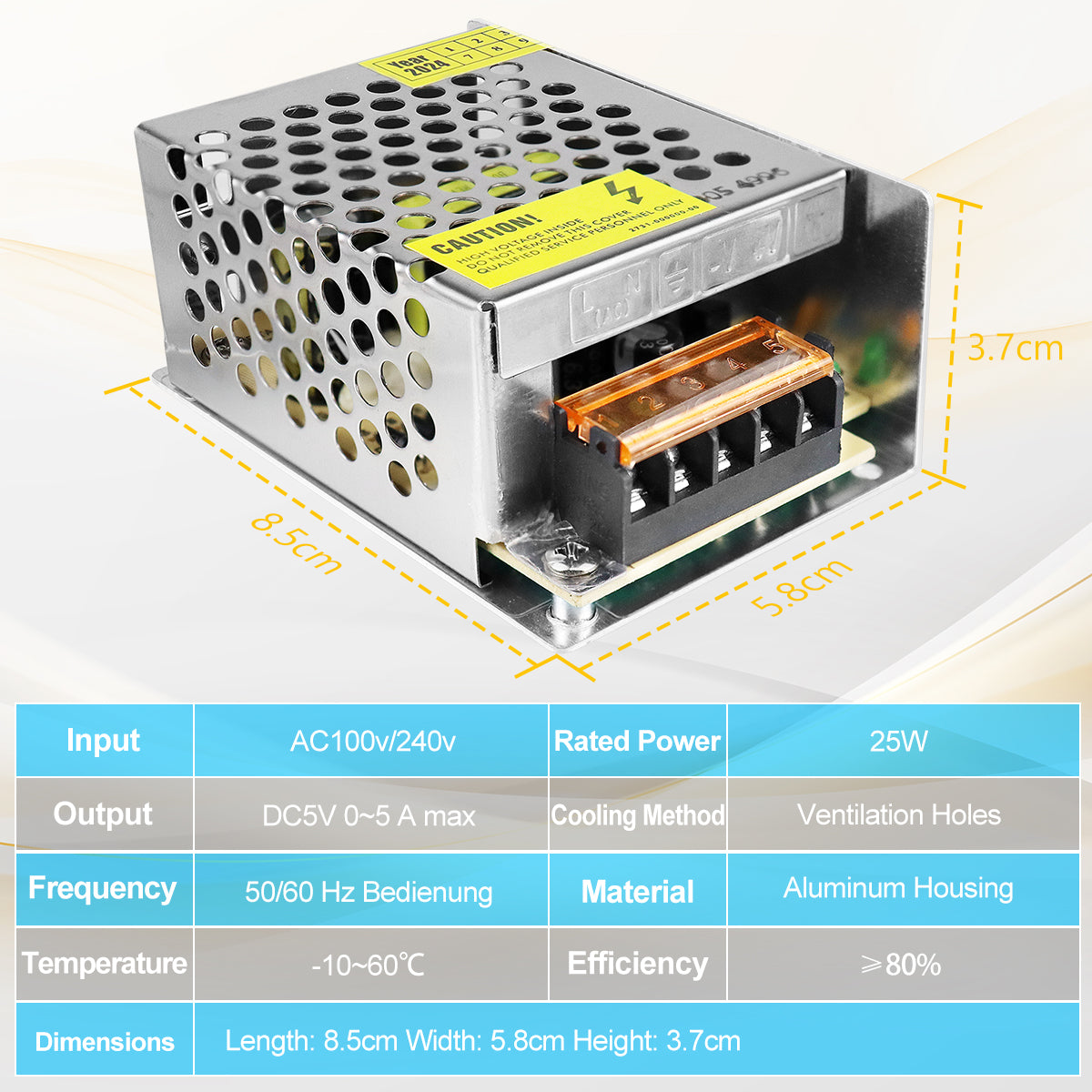 DC 5V LED Switching Power Supply 10W–100W, AC 110/220V Input, LED Light Driver Transformer, Durable Metal Housing with Screw Terminals, CE/FCC/RoHS Certified
