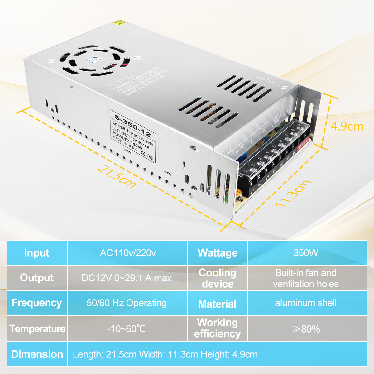 DC 12V LED Switching Power Supply 350W–600W, AC 110/220V Input, High Power LED Driver Transformer, Cooling Fan Metal Case, CE/FCC/RoHS Certified