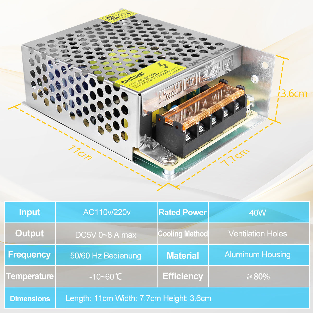 DC 5V LED Switching Power Supply 10W–100W, AC 110/220V Input, LED Light Driver Transformer, Durable Metal Housing with Screw Terminals, CE/FCC/RoHS Certified