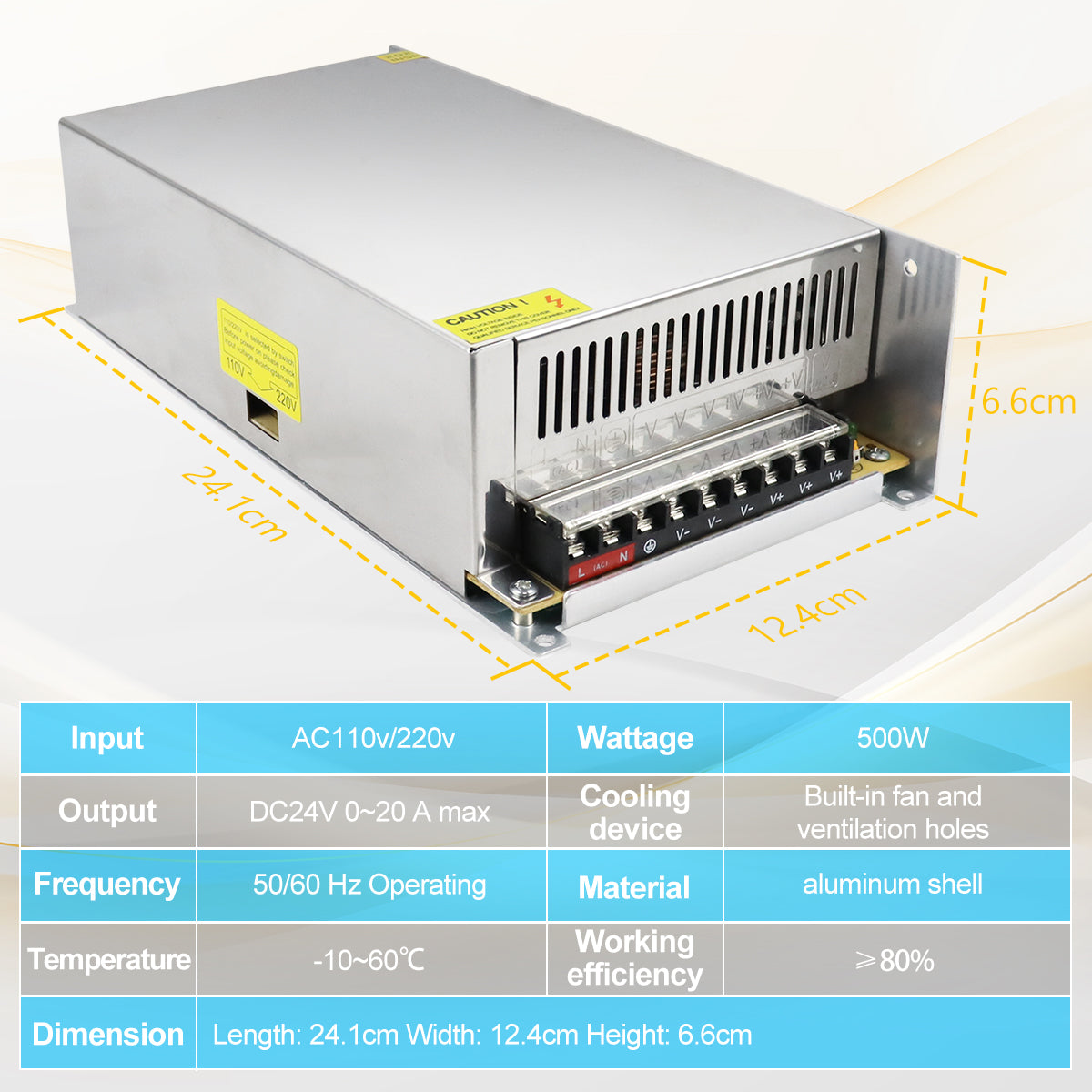 DC 24V LED Switching Power Supply 350W–600W, AC 110/220V Input, High Power LED Driver Transformer, Cooling Fan Metal Case, CE/FCC/RoHS Certified