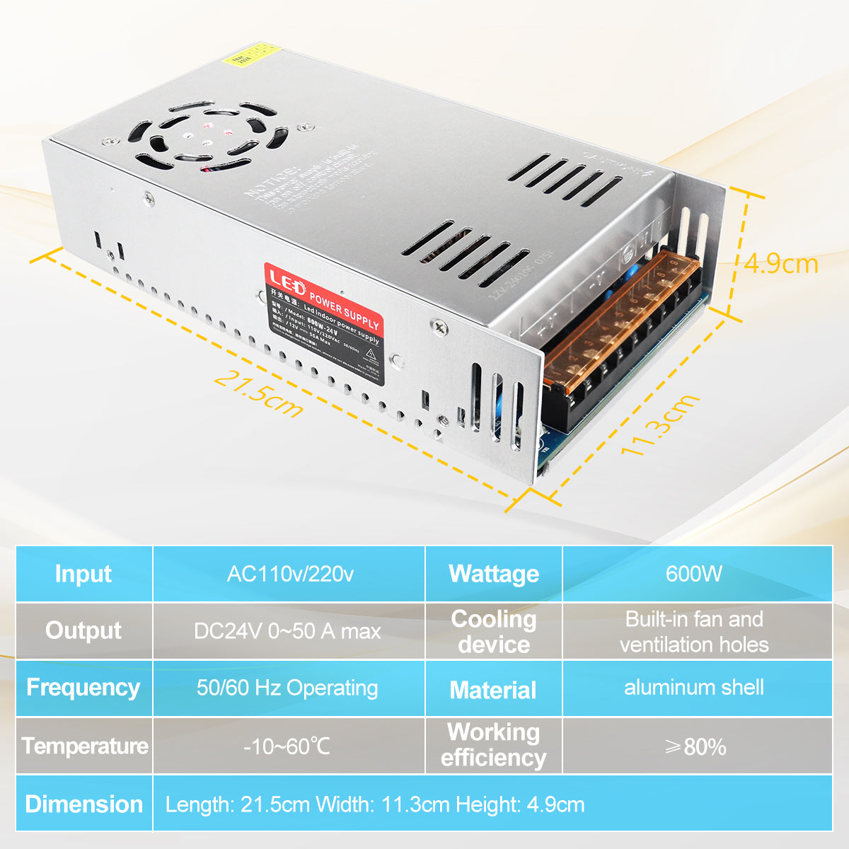 DC 24V LED Switching Power Supply 350W–600W, AC 110/220V Input, High Power LED Driver Transformer, Cooling Fan Metal Case, CE/FCC/RoHS Certified