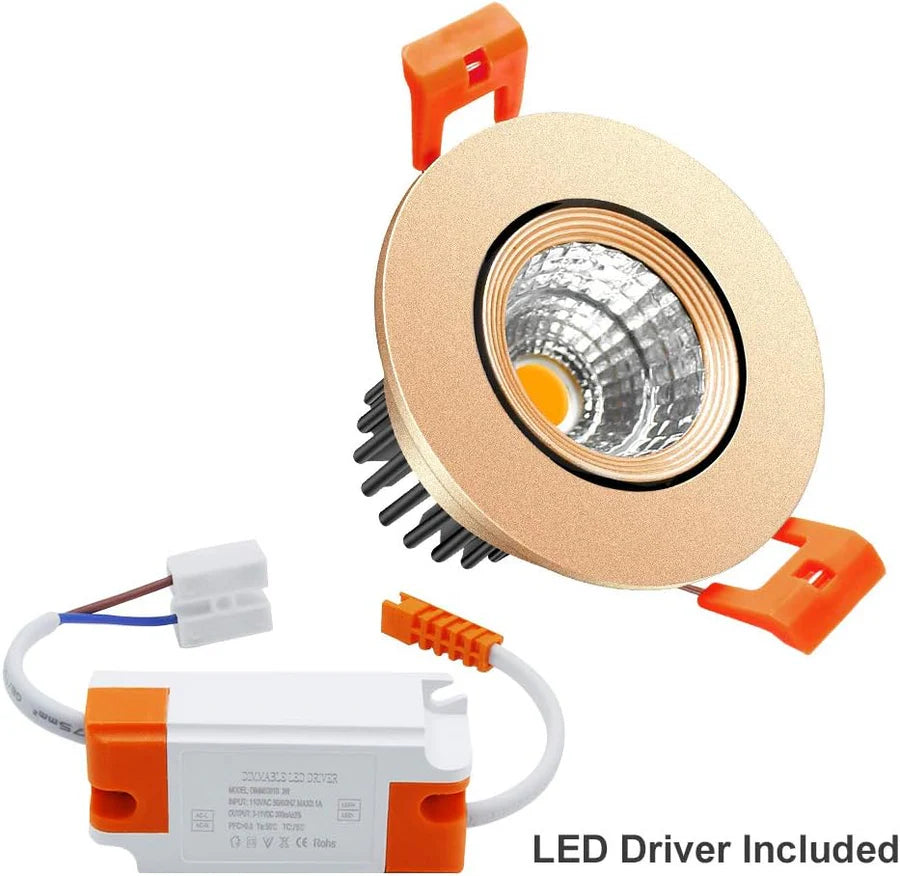 ECO-2 Series Adjustable COB LED Recessed Downlight – Gold Housing – TRIAC Dimmable – 3W – 4-Pack/10-Pack – 3000K–6000K – 100–130V