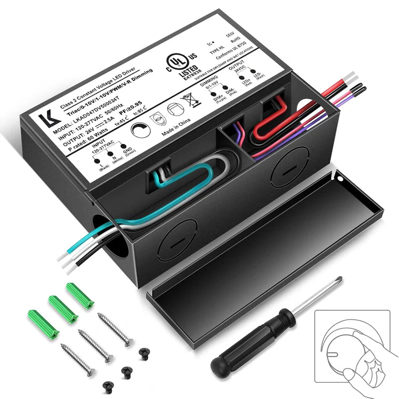 60W 24V DC Steel Case Triac Dimmable LED Driver, UL Listed, AC 120-277V Input, LED Driver for LED Strip Lighting / Under Cabinet Lighting / Home Ambient Lighting