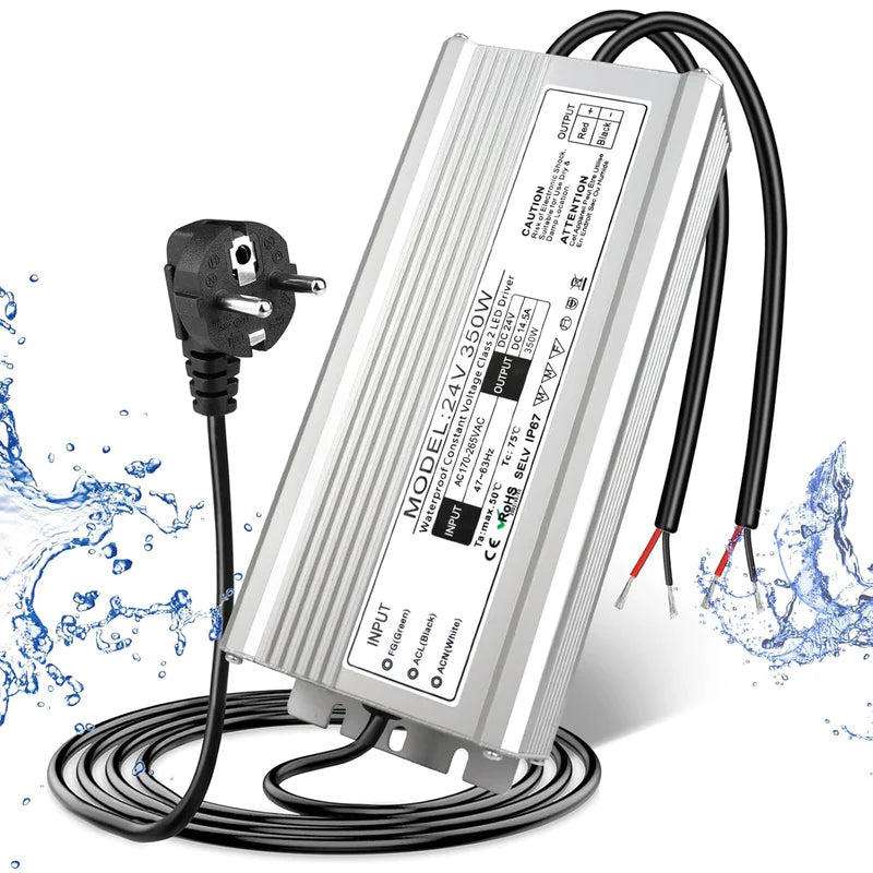 24V Waterproof LED Driver – 200W–500W Outdoor Power Adapter, 175–265V AC Input, Single or Dual Wire Output, CE/RoHS/FCC Certified, UK/EU Plug & Wire Lead Options
