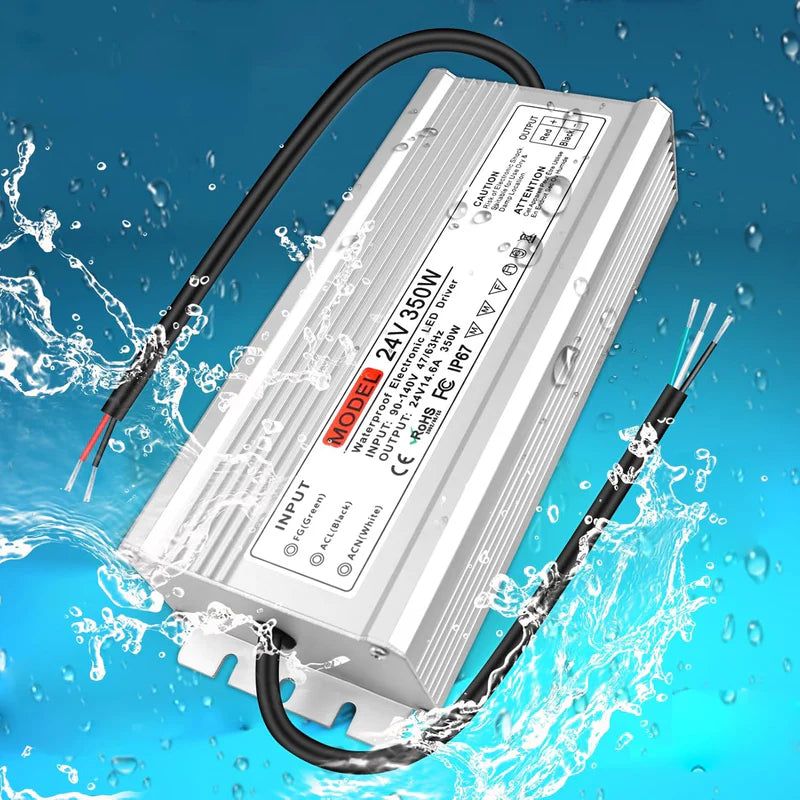 24V Waterproof LED Transformer – 200W–500W Outdoor LED Driver, 90–140V AC Input, Single or Dual Wire Output, CE/RoHS/FCC Certified, US Plug & Wire Lead Options