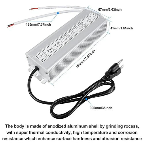 150W 12V/24V Waterproof LED Power Supply, 90-265V Input, Single/Dual Output, Aluminum Housing, Outdoor LED Lighting Driver, CE/RoHS/FCC Certified, US/UK/EU Plug
