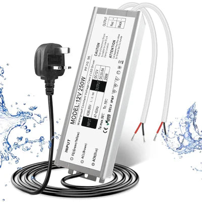 12V Waterproof LED Power Supply, 30W–300W Outdoor LED Driver, 90–265V AC Input, Single or Dual Wire Output, CE/RoHS/FCC Certified, US / UK / EU Plug & Wire Lead Options