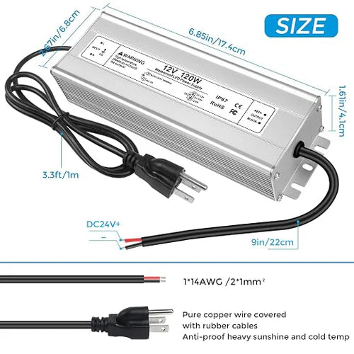 120W 12V/24V Waterproof LED Power Supply, 90-265V Input, Single/Dual Output, Aluminum Housing, Outdoor LED Lighting Driver, CE/RoHS/FCC Certified, US/UK/EU Plug