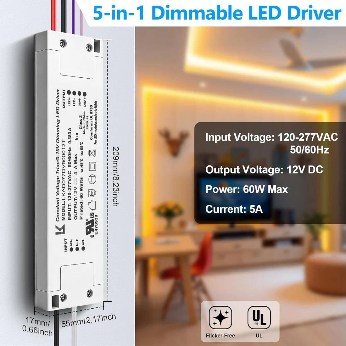 60W 12V DC Plastic Case Triac Dimmable LED Driver, UL Listed, AC 120-277V Input, LED Driver for LED Strip Lighting / Under Cabinet Lighting / Home Ambient Lighting