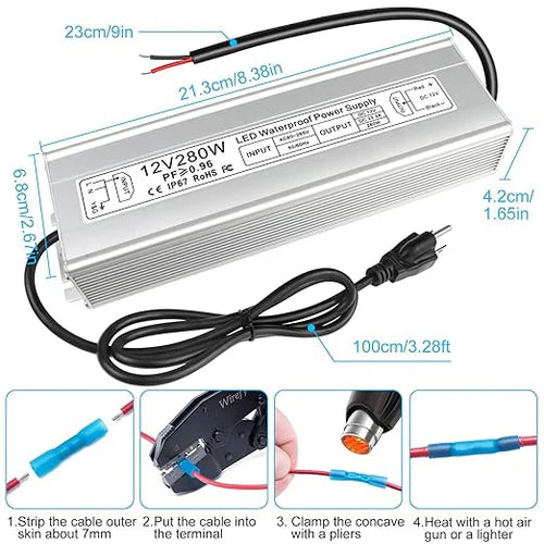 280W 12V/24V Waterproof LED Power Supply, 90-265V Input, Single Output, Aluminum Housing, Outdoor LED Lighting Driver, CE/RoHS/FCC Certified, US/UK/EU Plug