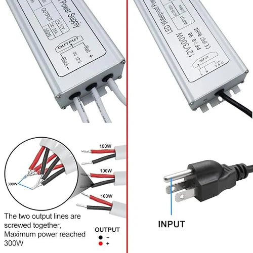 300W 12V/24V Waterproof LED Power Supply, 90-265V Input, Single/Dual/Triple Wire Output, Aluminum Housing, Outdoor LED Lighting Driver, CE/RoHS/FCC Certified, US/UK/EU Plug