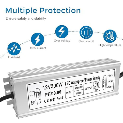 300W 12V/24V Waterproof LED Power Supply, 90-265V Input, Single/Dual/Triple Wire Output, Aluminum Housing, Outdoor LED Lighting Driver, CE/RoHS/FCC Certified, US/UK/EU Plug