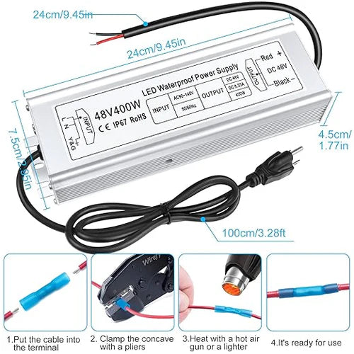 400W 12V/24V/36V/48V Waterproof LED Power Supply, 90-140V Input, Single/Dual Output, Aluminum Housing, Outdoor LED Lighting Driver, CE/RoHS/FCC Certified, US Plug