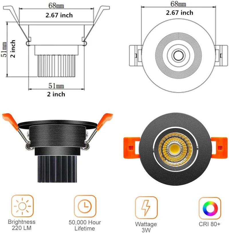 ECO-2 Series Adjustable COB LED Recessed Downlight – Black Housing – TRIAC Dimmable – 3W – 4-Pack/6-Pack/10-Pack – 3000K–6000K – 100–130V / 200–240V