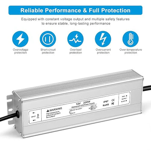 200W 12V/24V/36V/48V Waterproof LED Power Supply, 90-140V Input, Single/Dual Output, Aluminum Housing, Outdoor LED Lighting Driver, CE/RoHS/FCC Certified, US Plug