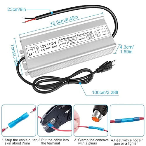 110W 12V Waterproof LED Power Supply, 90-265V Input, Single Output, Aluminum Housing, Outdoor LED Lighting Driver, CE/RoHS/FCC Certified, US/UK/EU Plug