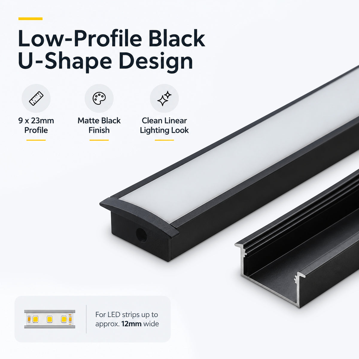 Black U03 10x30mm U-Shape LED Aluminum Channel, 20mm Inner Width, with Cover, End Caps & Mounting Clips