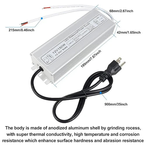 150W 12V/24V Waterproof LED Power Supply, 90-265V Input, Single/Dual Output, Aluminum Housing, Outdoor LED Lighting Driver, CE/RoHS/FCC Certified, US/UK/EU Plug