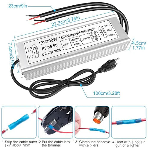300W 12V/24V Waterproof LED Power Supply, 90-265V Input, Single/Dual/Triple Wire Output, Aluminum Housing, Outdoor LED Lighting Driver, CE/RoHS/FCC Certified, US/UK/EU Plug