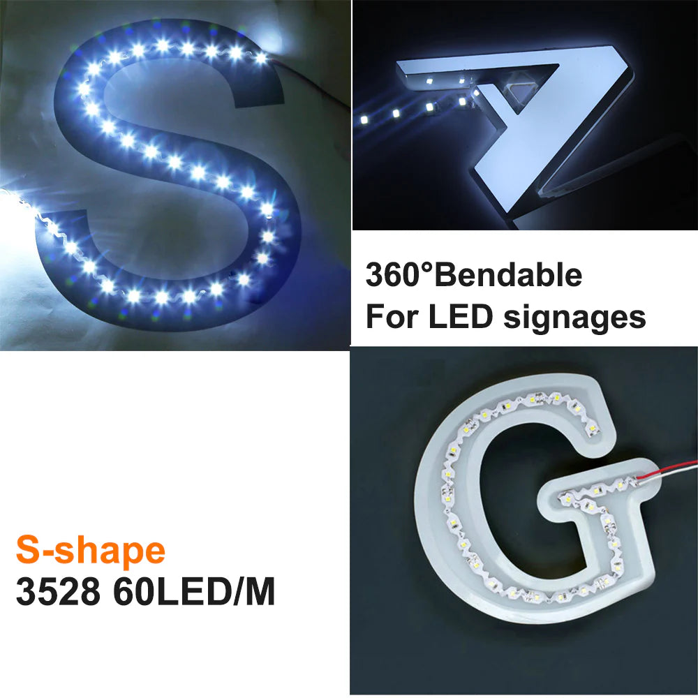 S Shape Bendable SMD2835 LED Strip Light, 5m Roll | 12V DC | 120 LEDs/m | 12W/m | White 3000K / 4000K / 6000K & Colors: Red / Green / Blue / Yellow / Pink | 6mm PCB | Flexible for Curves & Signage