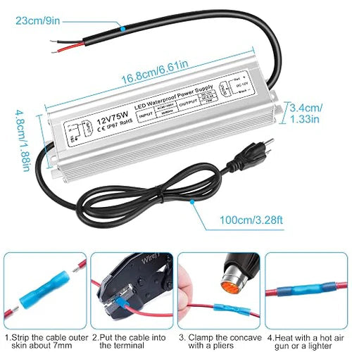 75W 12V Waterproof LED Power Supply, 90-265V Input, Single Output, Aluminum Housing, Outdoor LED Lighting Driver, CE/RoHS/FCC Certified, US/UK/EU Plug