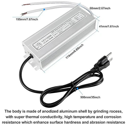 120W 12V/24V Waterproof LED Power Supply, 90-265V Input, Single/Dual Output, Aluminum Housing, Outdoor LED Lighting Driver, CE/RoHS/FCC Certified, US/UK/EU Plug
