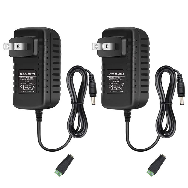 Power Supply Adapter DC 12V 12W–24W, AC 100–240V Wall Plug Transformer with US/UK Plug, Black Case LED Driver for LED Strip Lights, CCTV, Electronics