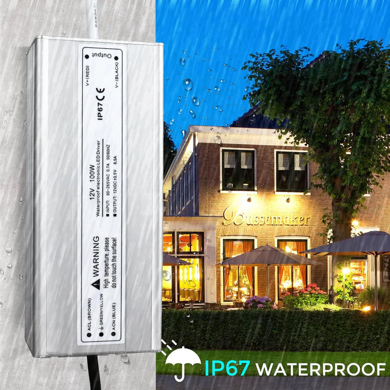 12V Waterproof LED Power Supply, 30W–300W Outdoor LED Driver, 90–265V AC Input, Single or Dual Wire Output, CE/RoHS/FCC Certified, US / UK / EU Plug & Wire Lead Options