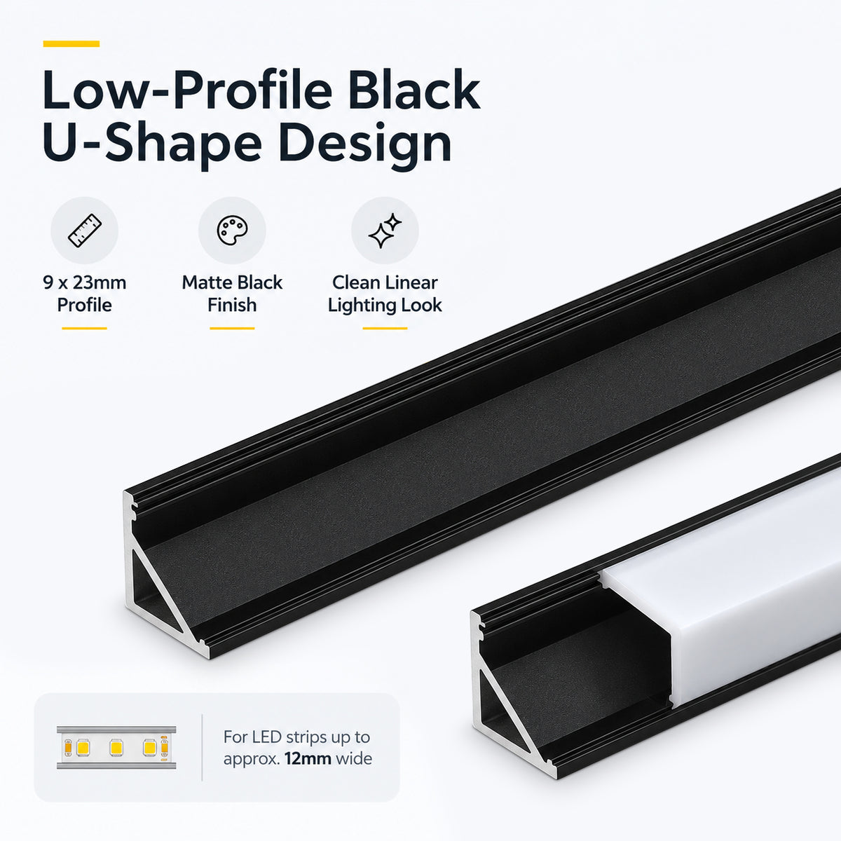 Black V01 16x16mm V-Shape Corner-Mount LED Aluminum Channel, 12mm Inner Width, with Cover, End Caps & Mounting Clips