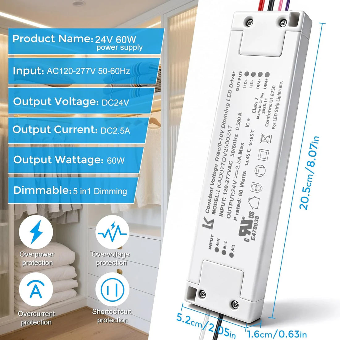60W 24V DC Plastic Case Triac Dimmable LED Driver, UL Listed, AC 120-277V Input, LED Driver for LED Strip Lighting / Under Cabinet Lighting / Home Ambient Lighting