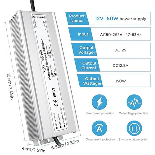 150W 12V/24V Waterproof LED Power Supply, 90-265V Input, Single/Dual Output, Aluminum Housing, Outdoor LED Lighting Driver, CE/RoHS/FCC Certified, US/UK/EU Plug