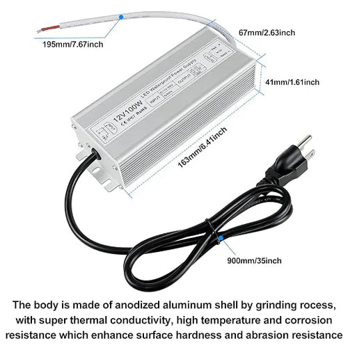 100W 12V/24V Waterproof LED Power Supply, 90-265V Input, Single Output, Aluminum Housing, Outdoor LED Lighting Driver, CE/RoHS/FCC Certified, US/UK/EU Plug