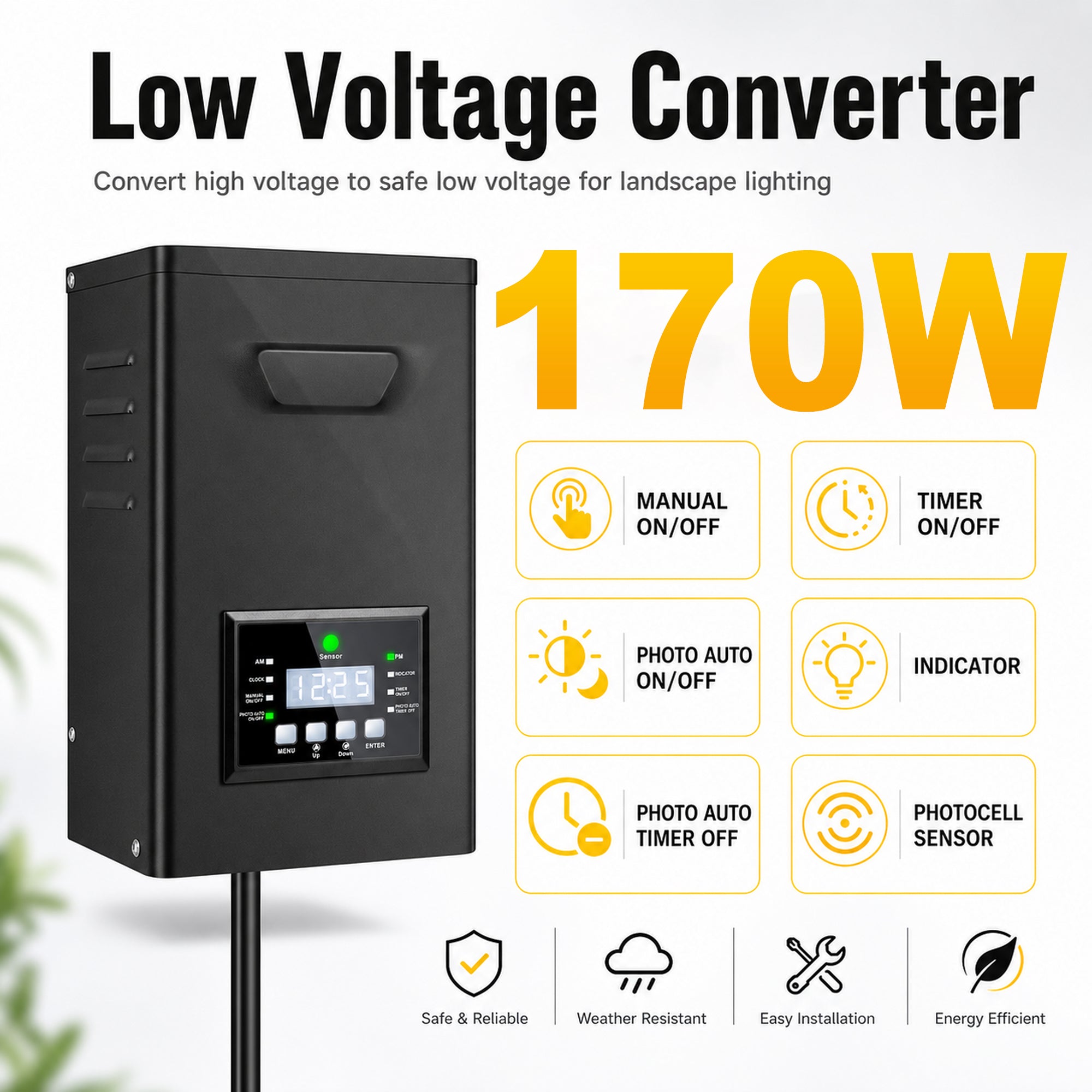 150W/170W Landscape Lighting Transformers – 120V to 12V/15V AC, Single Zone, Timer & Internal Photocell, Power Supply for Landscape Lighting Systems