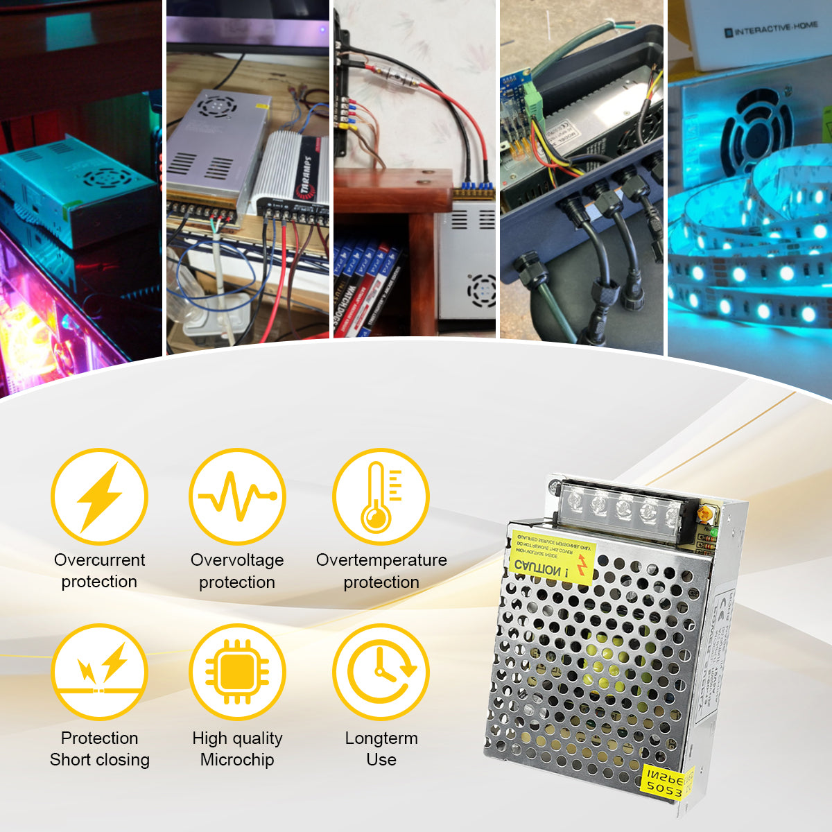 DC 12V LED Switching Power Supply 60W–240W, AC 110/220V Input, Constant Voltage LED Driver Transformer, Durable Metal Housing with Screw Terminals, CE/FCC/RoHS Certified