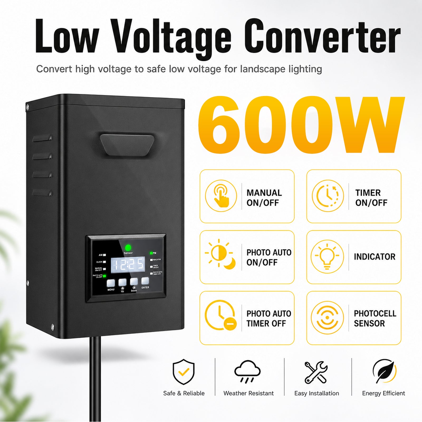 500W/600W Landscape Lighting Transformers – 120V to 12V/15V AC, Single Zone, Timer & Internal Photocell, Power Supply for Landscape Lighting Systems