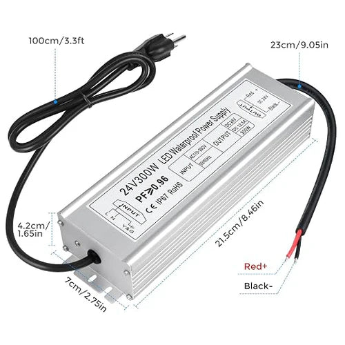 300W 12V/24V Waterproof LED Power Supply, 90-265V Input, Single/Dual/Triple Wire Output, Aluminum Housing, Outdoor LED Lighting Driver, CE/RoHS/FCC Certified, US/UK/EU Plug