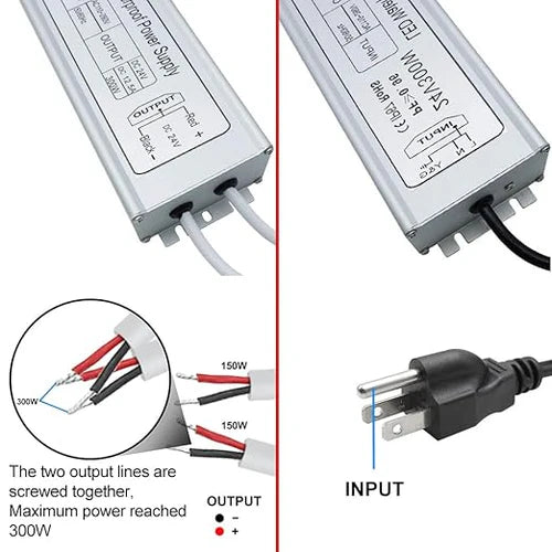 300W 12V/24V Waterproof LED Power Supply, 90-265V Input, Single/Dual/Triple Wire Output, Aluminum Housing, Outdoor LED Lighting Driver, CE/RoHS/FCC Certified, US/UK/EU Plug